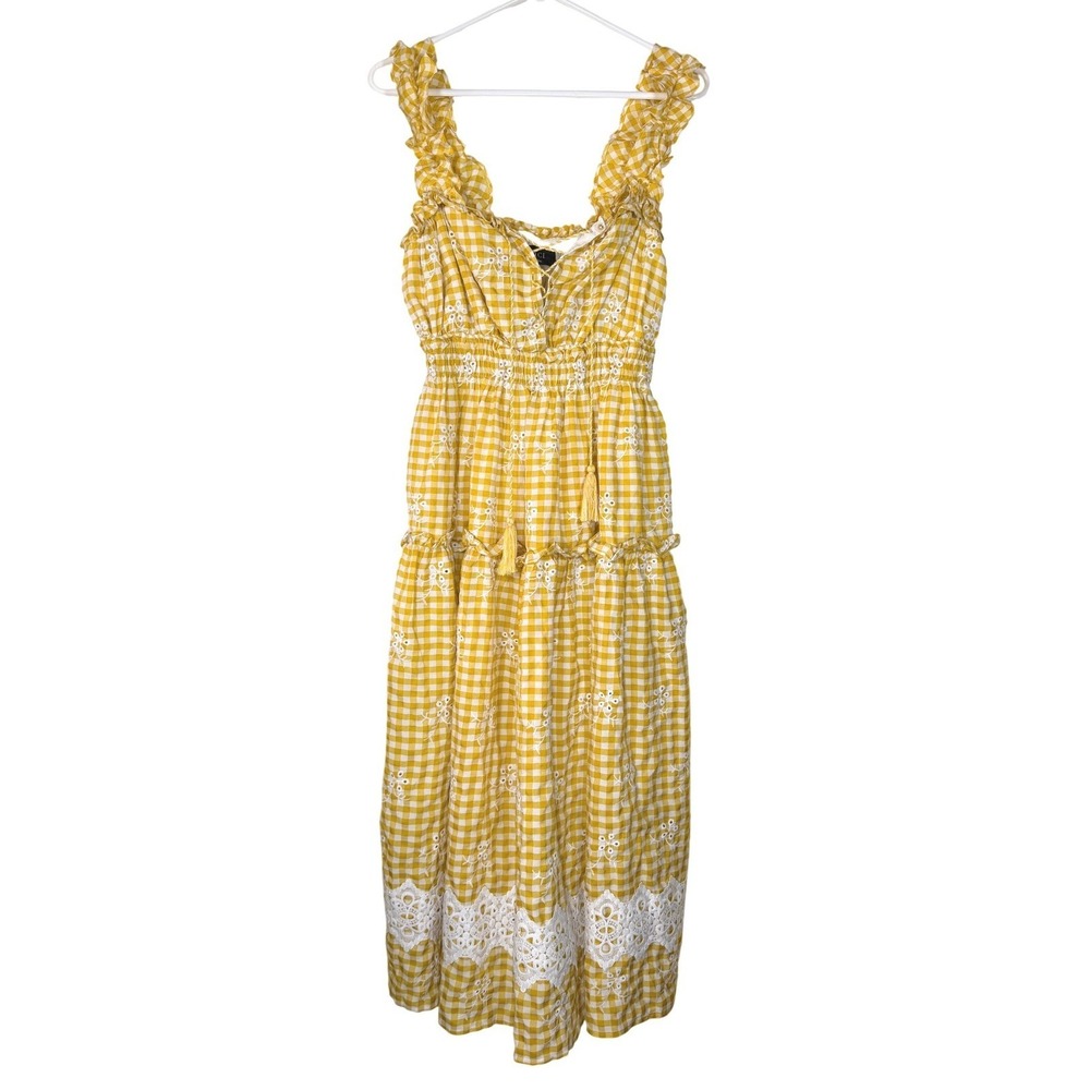 VICI Gingham Eyelet Maxi Dress Women SM Yellow Coquette Cottage Picnic Romantic